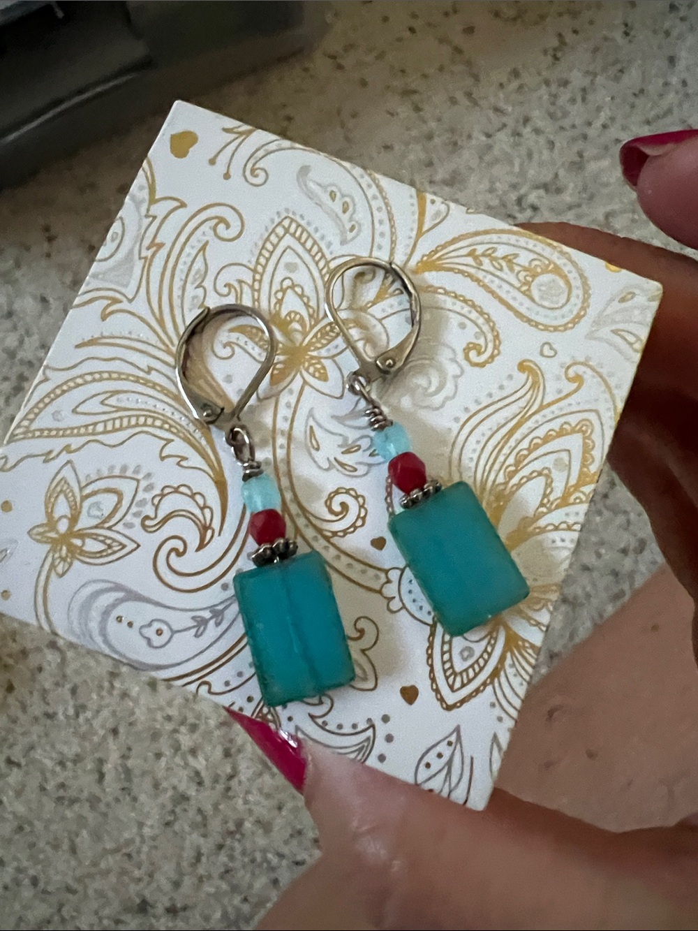Handmade Turquoise Glass Bead Drop Earrings with Red and Light Blue Accents